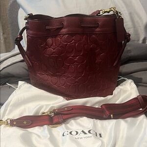 Coach Deep Red Embossed Leather Shoulder Bag